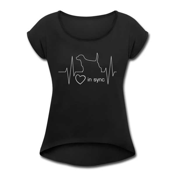 "CQ Original" - Heart in Sync with Dog - Women's Roll Cuff T-Shirt - black