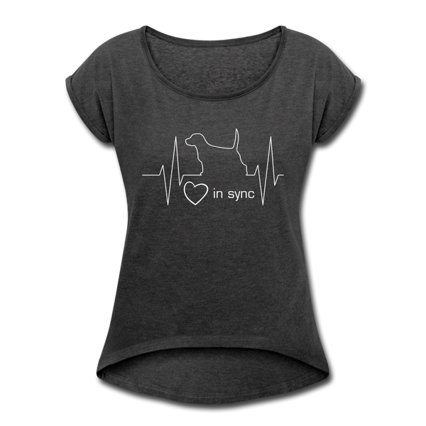 "CQ Original" - Heart in Sync with Dog - Women's Roll Cuff T-Shirt - heather black