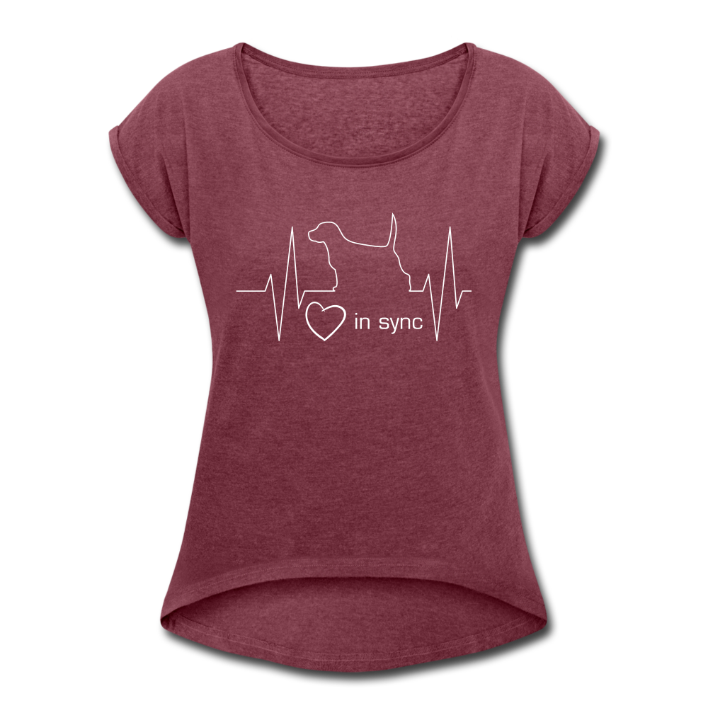 "CQ Original" - Heart in Sync with Dog - Women's Roll Cuff T-Shirt - heather burgundy