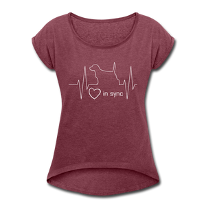 "CQ Original" - Heart in Sync with Dog - Women's Roll Cuff T-Shirt - heather burgundy