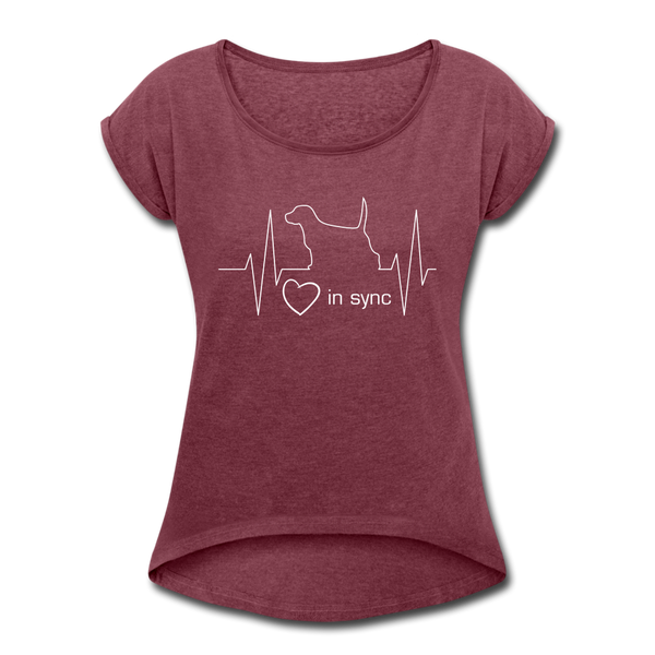 "CQ Original" - Heart in Sync with Dog - Women's Roll Cuff T-Shirt - heather burgundy