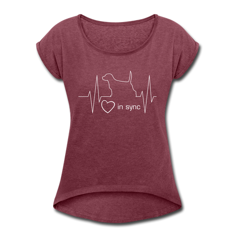 "CQ Original" - Heart in Sync with Dog - Women's Roll Cuff T-Shirt - heather burgundy