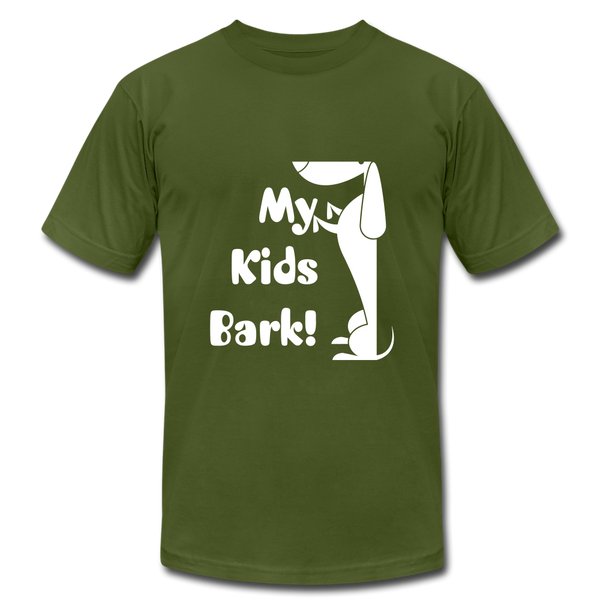 "CQ Original" My Kids Bark" Unisex Jersey T-Shirt by Bella + Canvas - olive