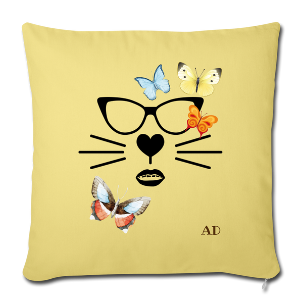 "CQ Original" - Cat-tching Butterflies - Throw Pillow Cover 18” x 18” - washed yellow