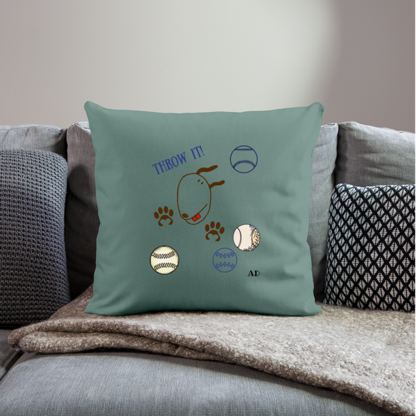 "CQ Originals" - Dog Chasing Balls - Throw Pillow Cover 18” x 18” - cypress green