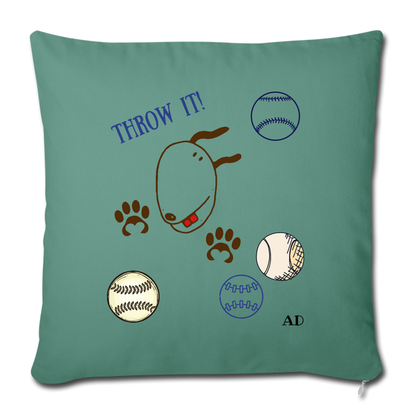 "CQ Originals" - Dog Chasing Balls - Throw Pillow Cover 18” x 18” - cypress green