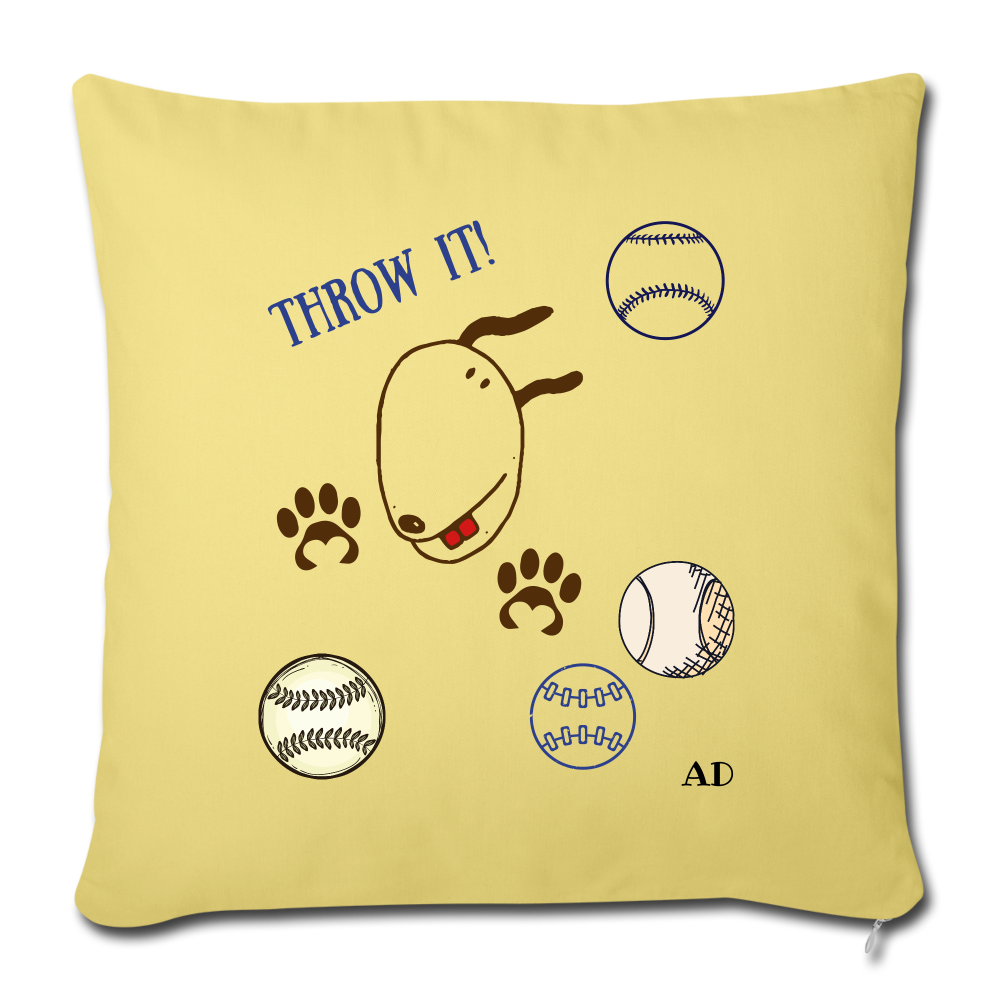 "CQ Originals" - Dog Chasing Balls - Throw Pillow Cover 18” x 18” - washed yellow