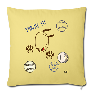 "CQ Originals" - Dog Chasing Balls - Throw Pillow Cover 18” x 18” - washed yellow