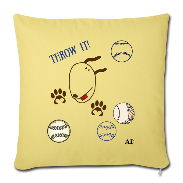 "CQ Originals" - Dog Chasing Balls - Throw Pillow Cover 18” x 18” - washed yellow