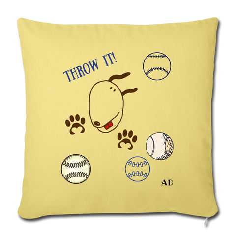 "CQ Originals" - Dog Chasing Balls - Throw Pillow Cover 18” x 18” - washed yellow